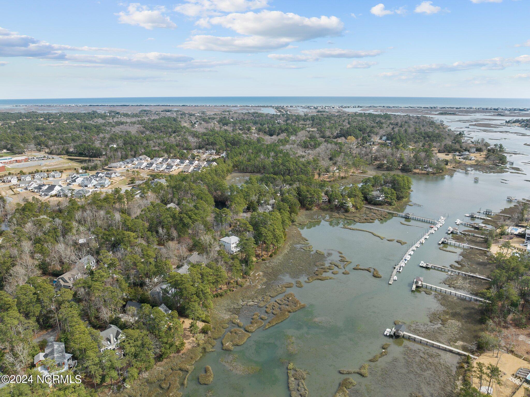 Aerial view of a coastal creek and marsh with docks, wooded homes, and ocean on the horizon.