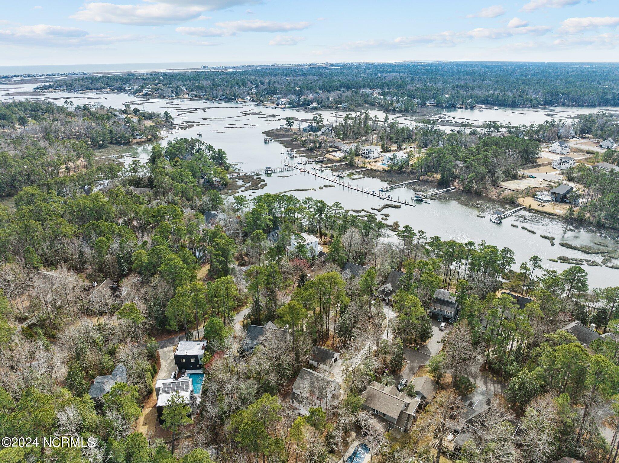 Aerial view of wooded homes along a tidal creek, with docks, marsh, and a backyard pool.