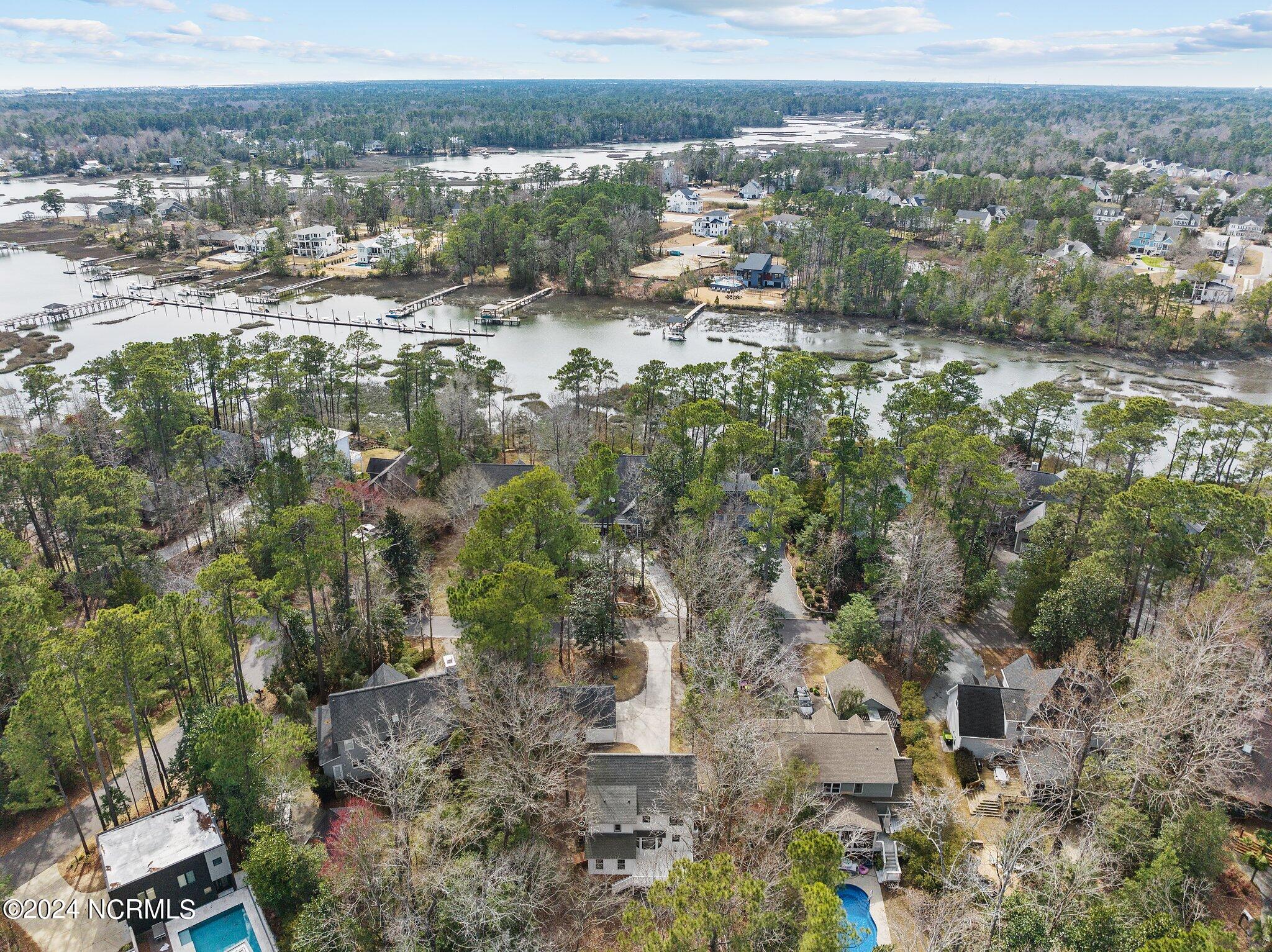 Aerial view of wooded homes beside a creek, with docks and marshland.
