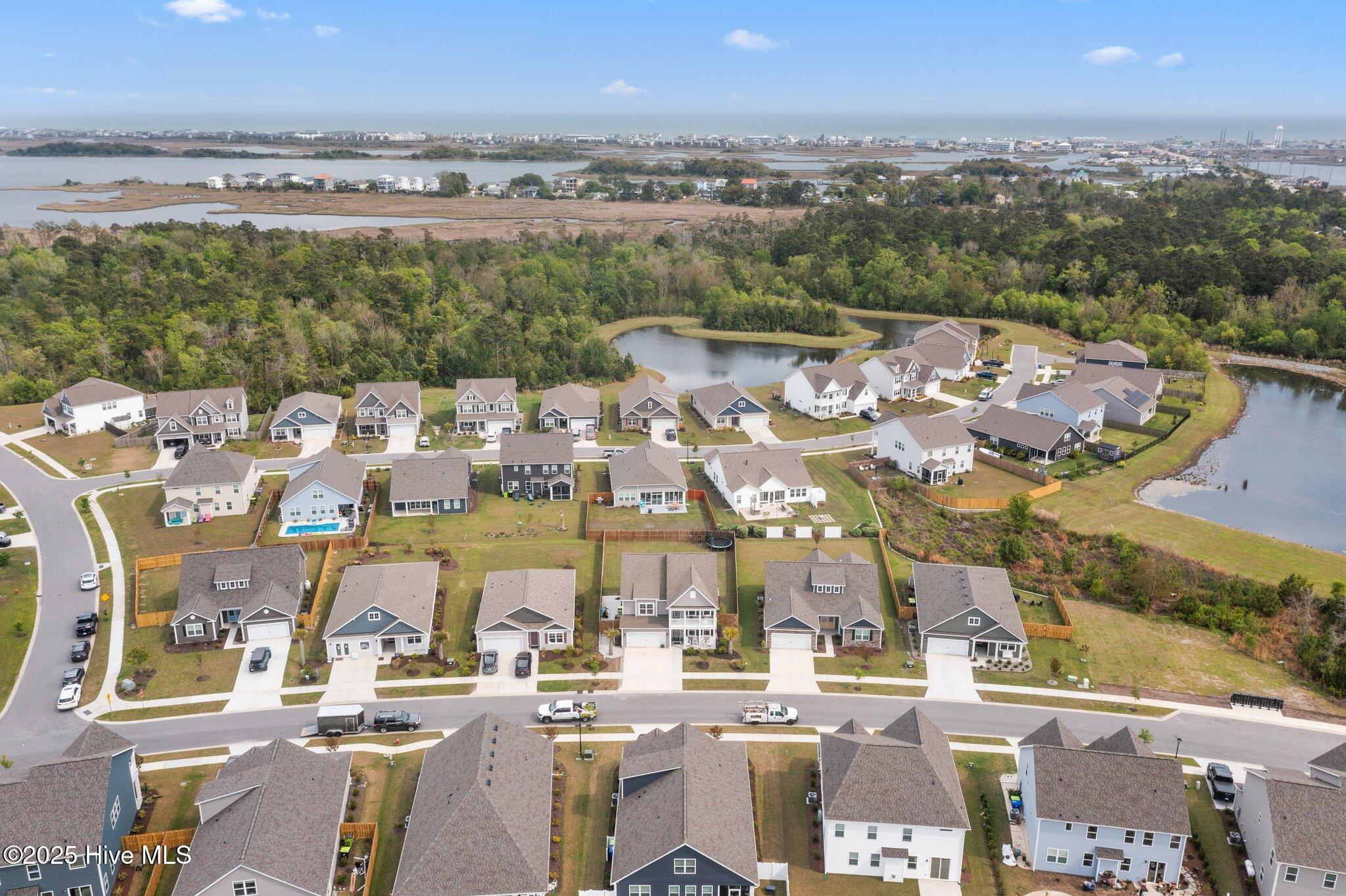 Aerial view of homes beside ponds and wooded wetlands, with coastal marshes in the distance.
