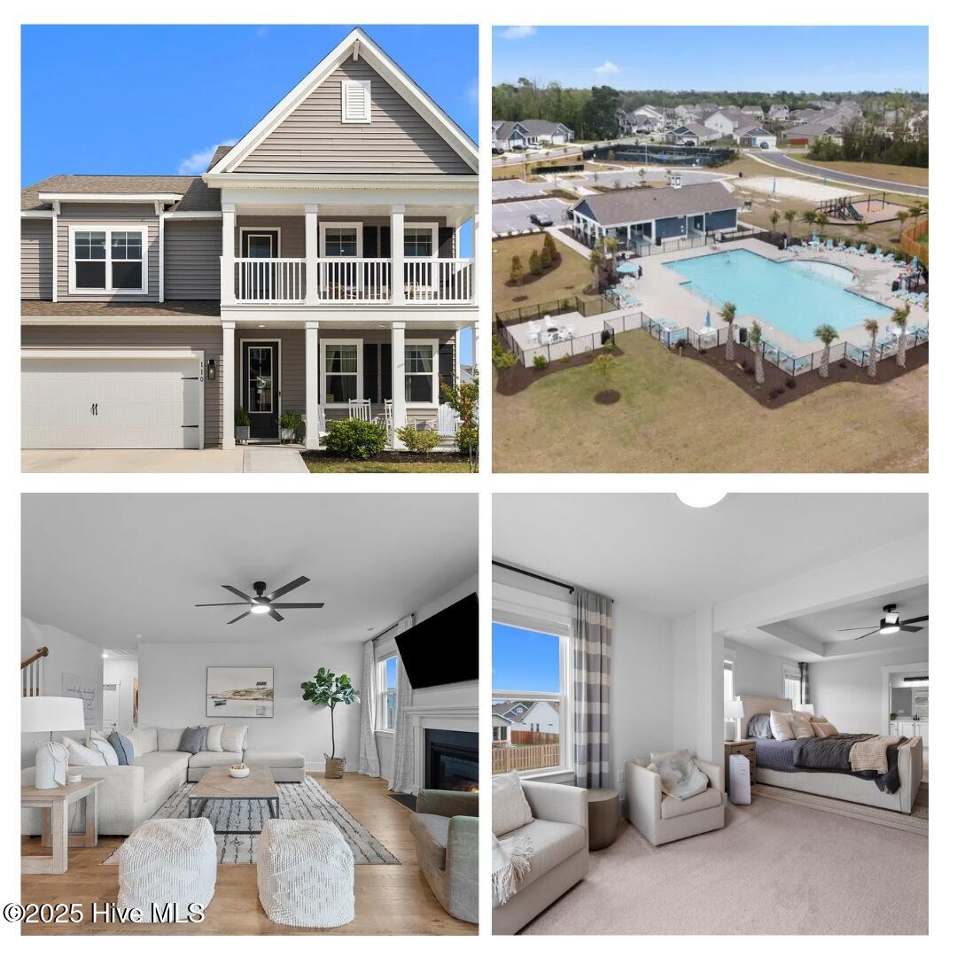Gray two-story home, community pool, furnished living room, and bedroom sitting area.