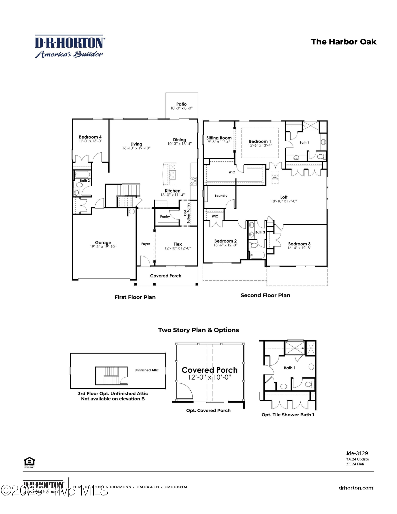 Two-story Harbor Oak floor plan with labeled rooms, dimensions, and optional attic, porch, and tile shower bath.