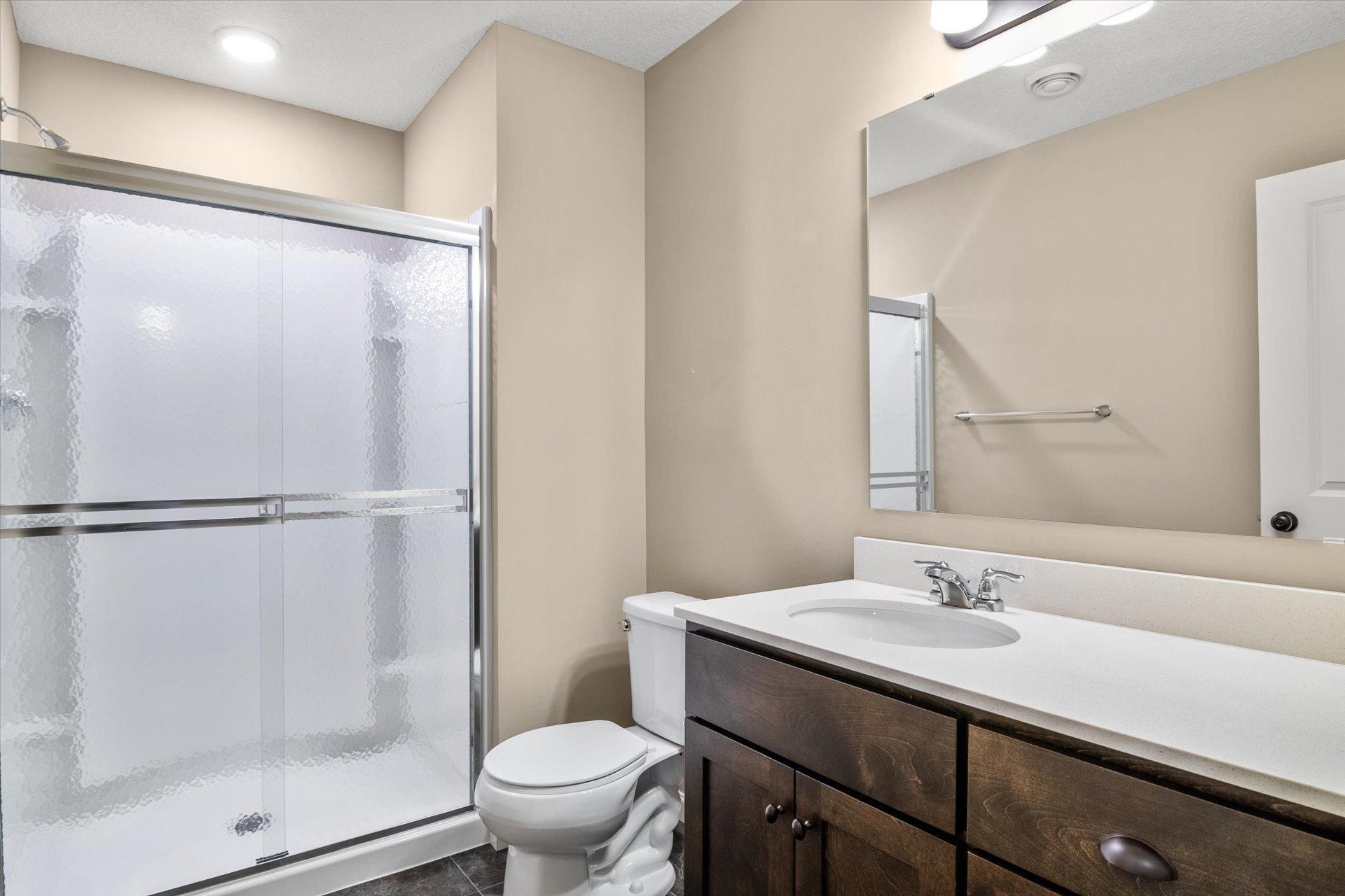 Bathroom with frosted-glass shower, dark wood vanity, and large mirror.