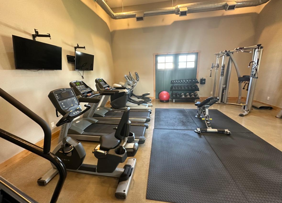 Home gym with treadmills, a weight rack, cable machine, and benches on rubber flooring.