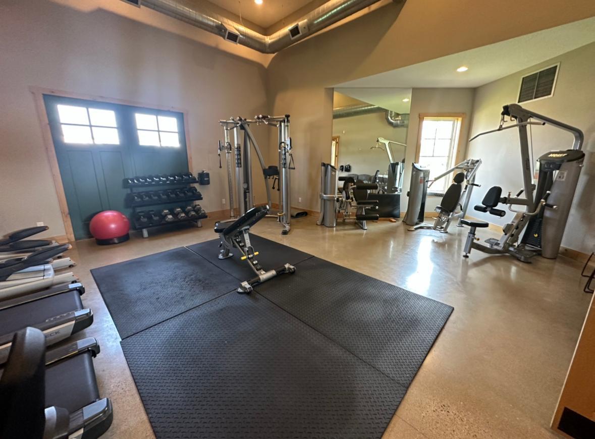 Home gym with weight machines, dumbbells, treadmills, and black rubber floor mats.