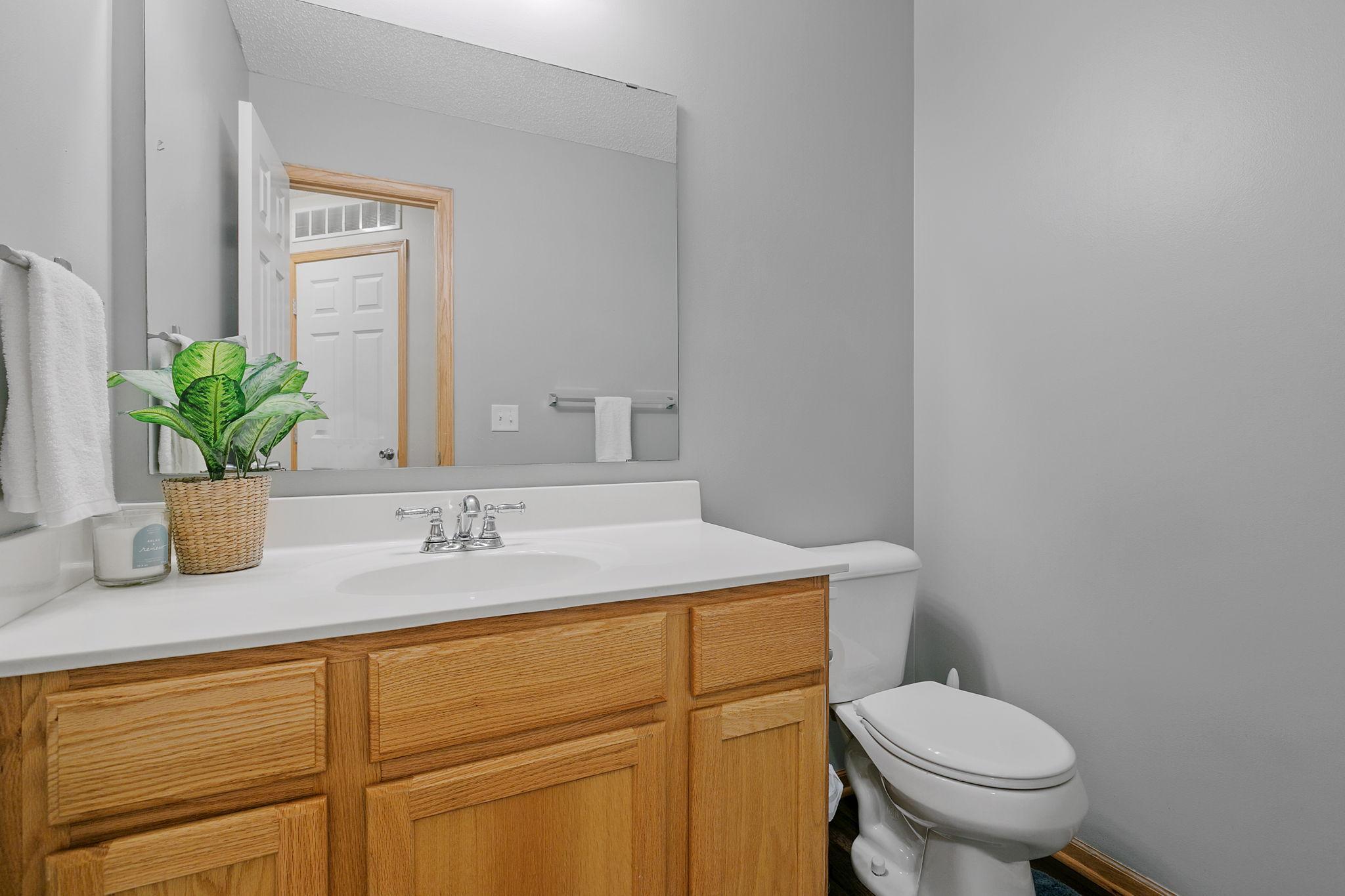 Bathroom with a wood vanity, white sink, large mirror, and toilet.