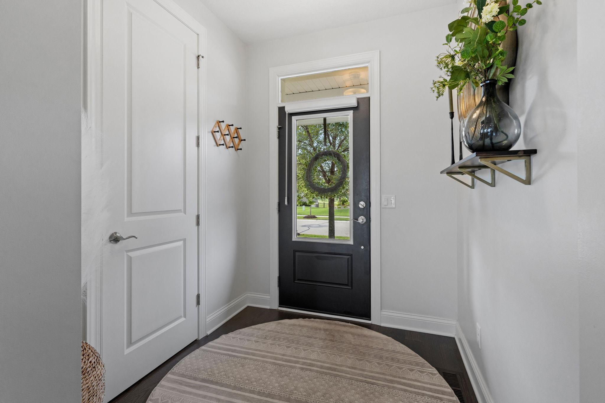 Entryway with a black glass-paneled front door, patterned rug, and greenery on a floating shelf.