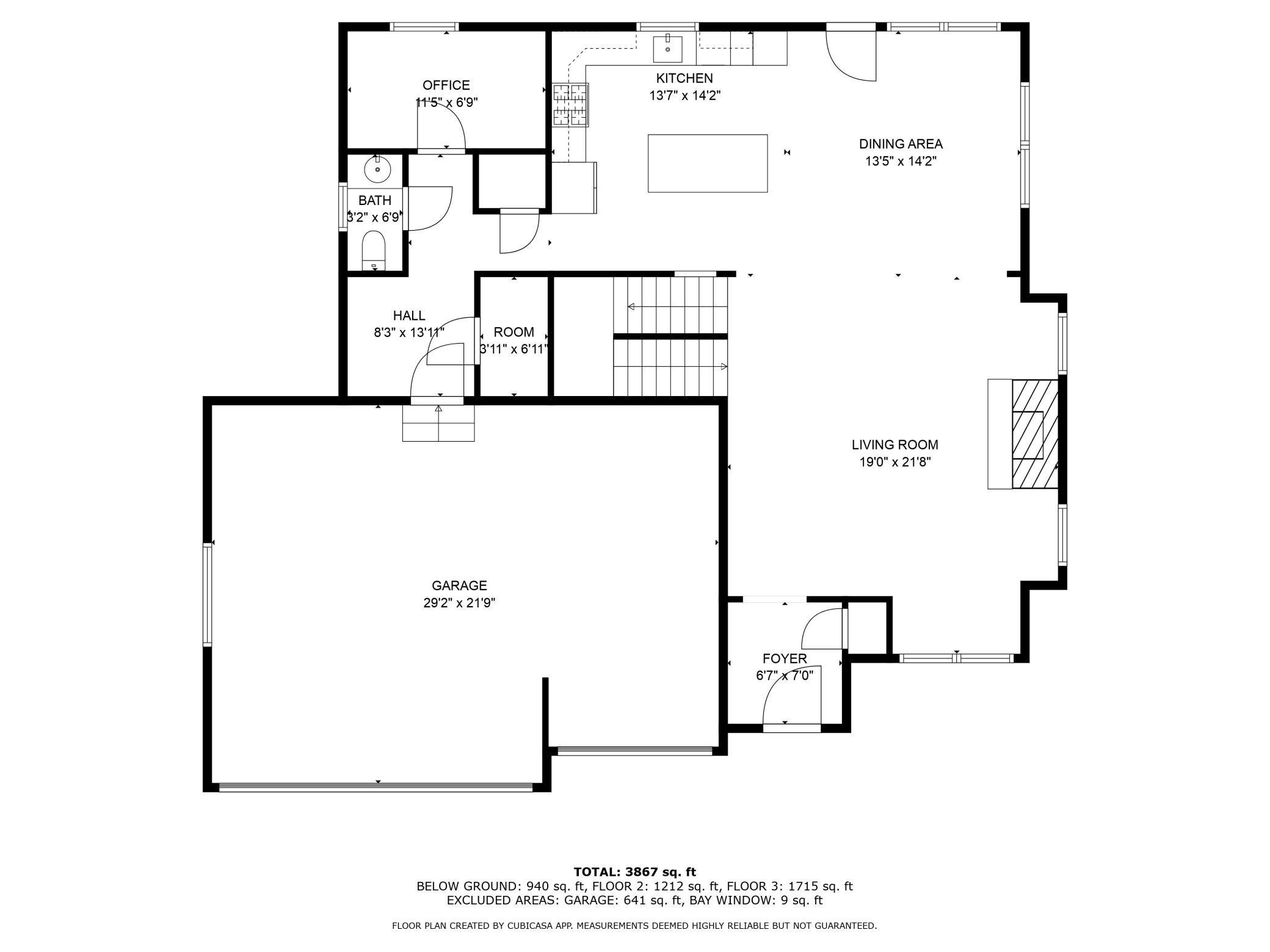 Floor plan showing the office, kitchen, dining area, living room, garage, room dimensions, and total square footage.