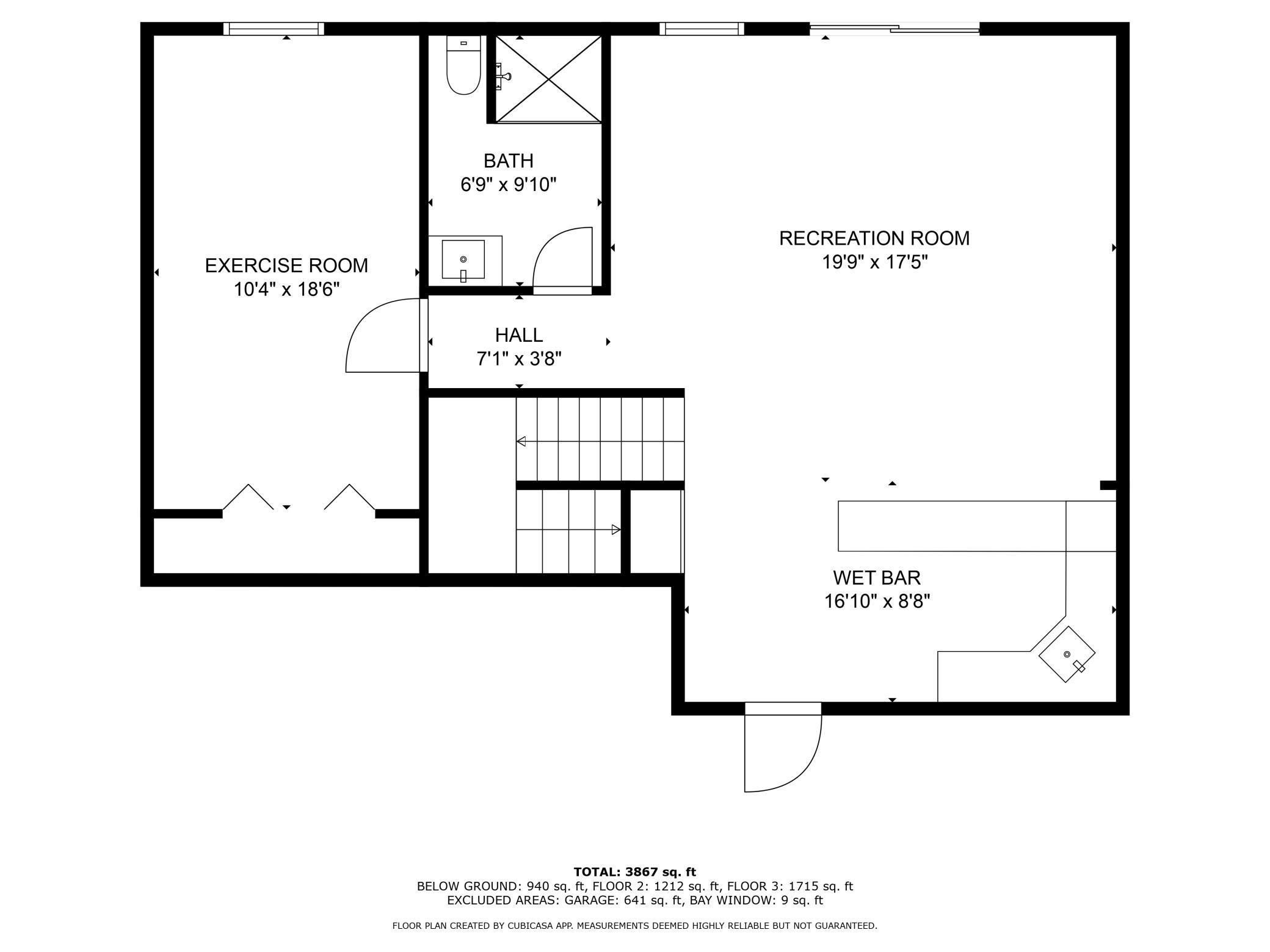 Below-ground floor plan with exercise room, bathroom, recreation room, stairs, and wet bar.