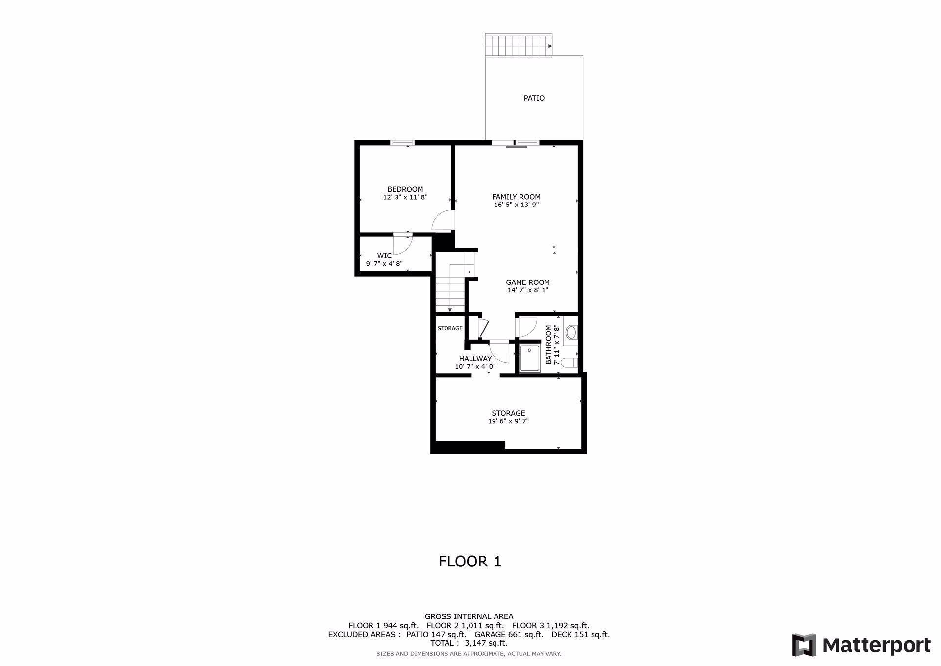First-floor plan with a bedroom, family and game rooms, bathroom, storage areas, and patio.