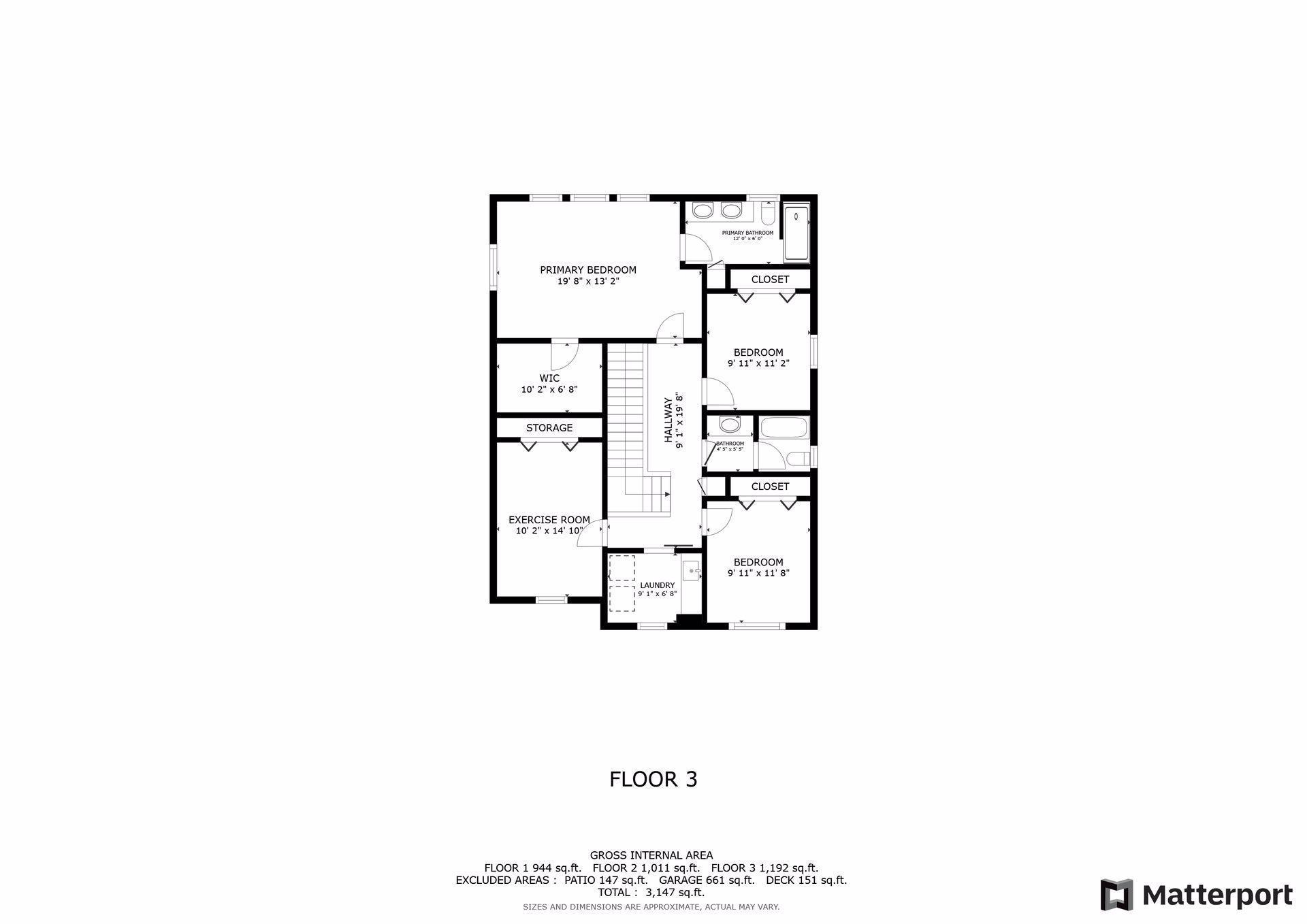 Third-floor plan with a primary suite, two bedrooms, exercise room, laundry, and storage.