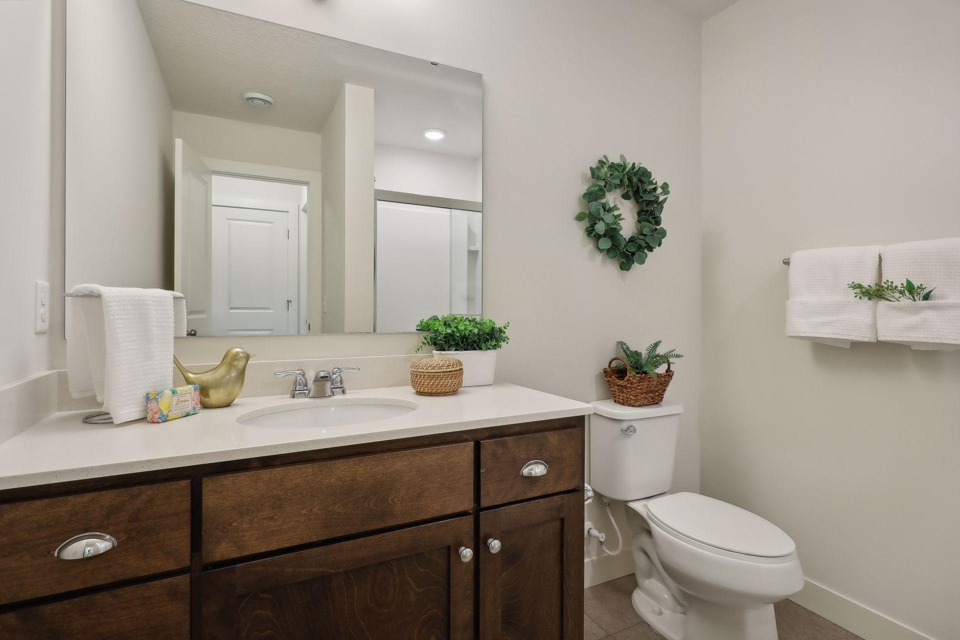 Bathroom with dark wood vanity, white countertop, large mirror, and toilet.