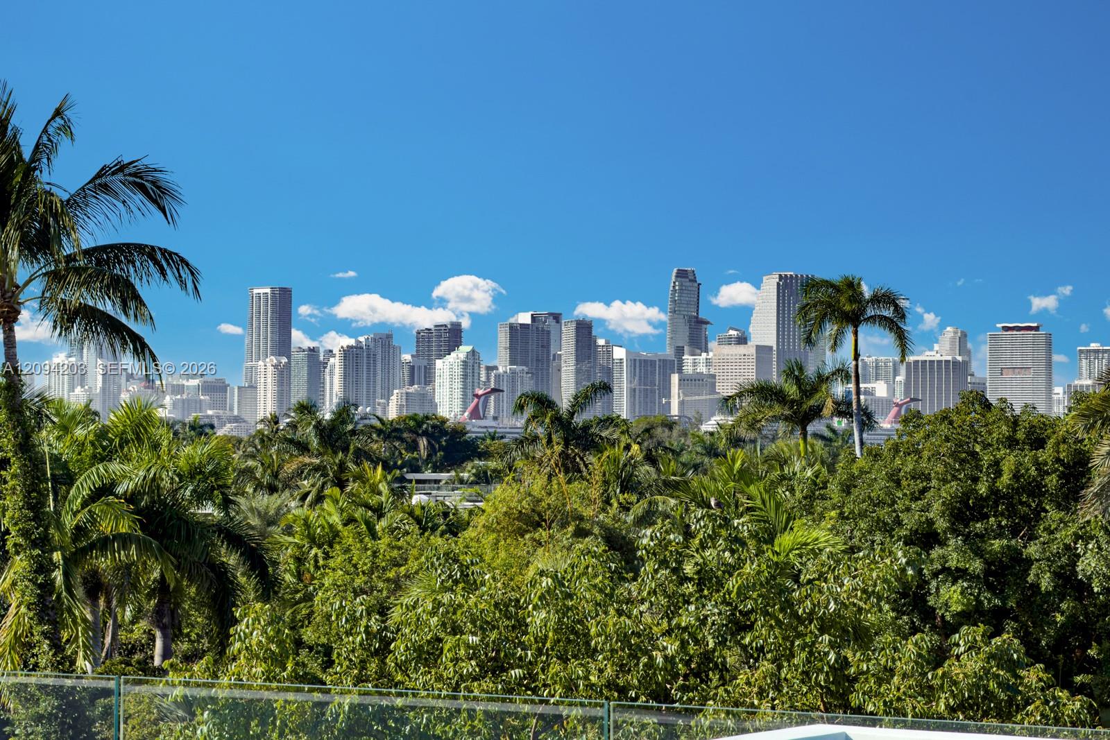 Miami skyline beyond lush tropical palms, viewed from a property terrace.