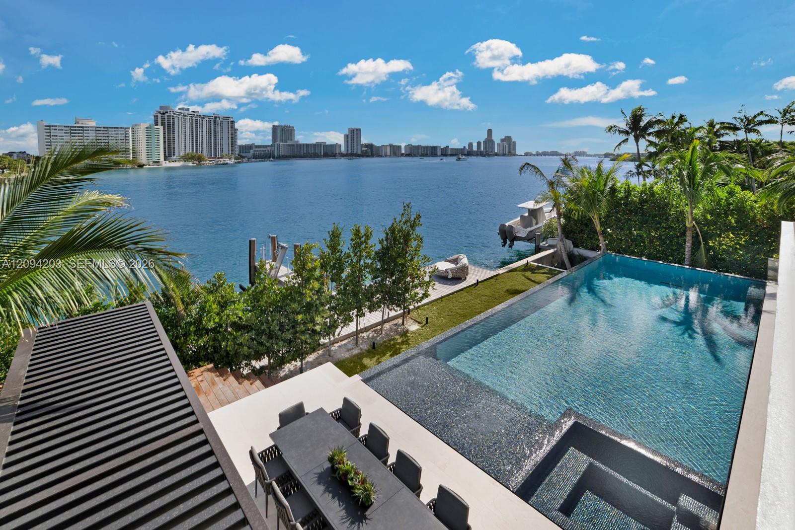 Waterfront home pool and patio overlooking the bay and distant city skyline