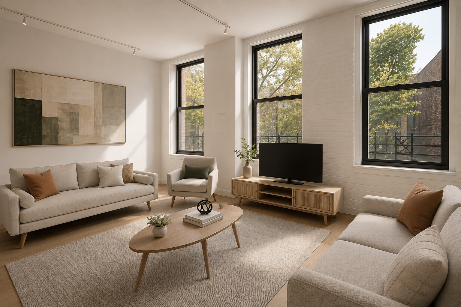 Staged living room with neutral sofas, white brick walls, and tall windows overlooking leafy trees.