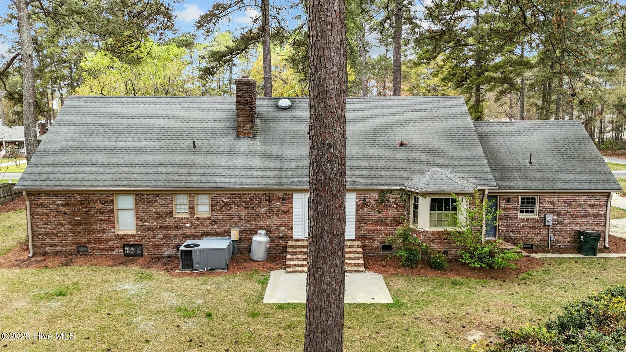 Rear of a brick house with a broad gray roof, partly obscured by a large pine tree.