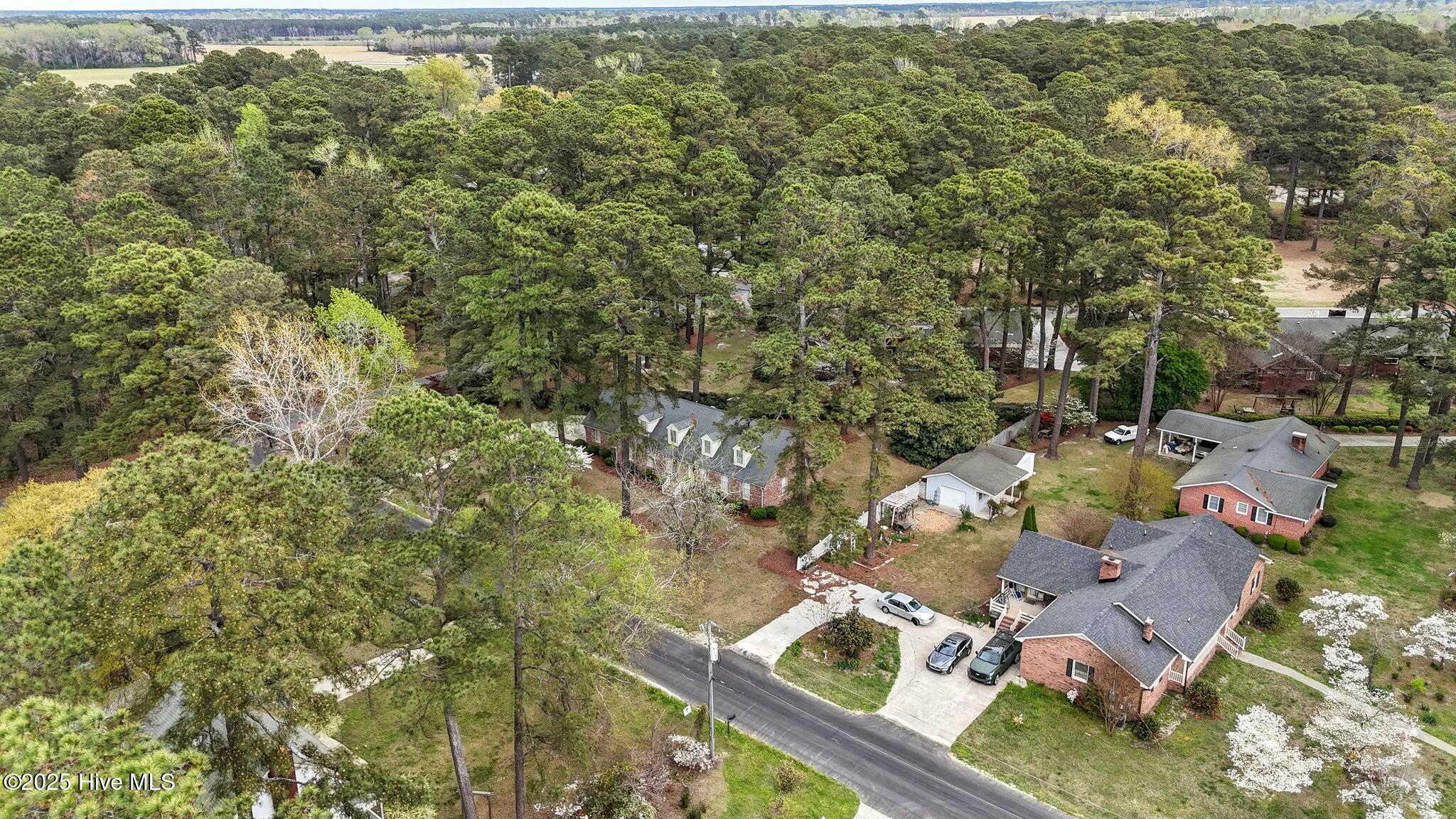 Aerial view of a brick home nestled among tall pines beside a residential street.