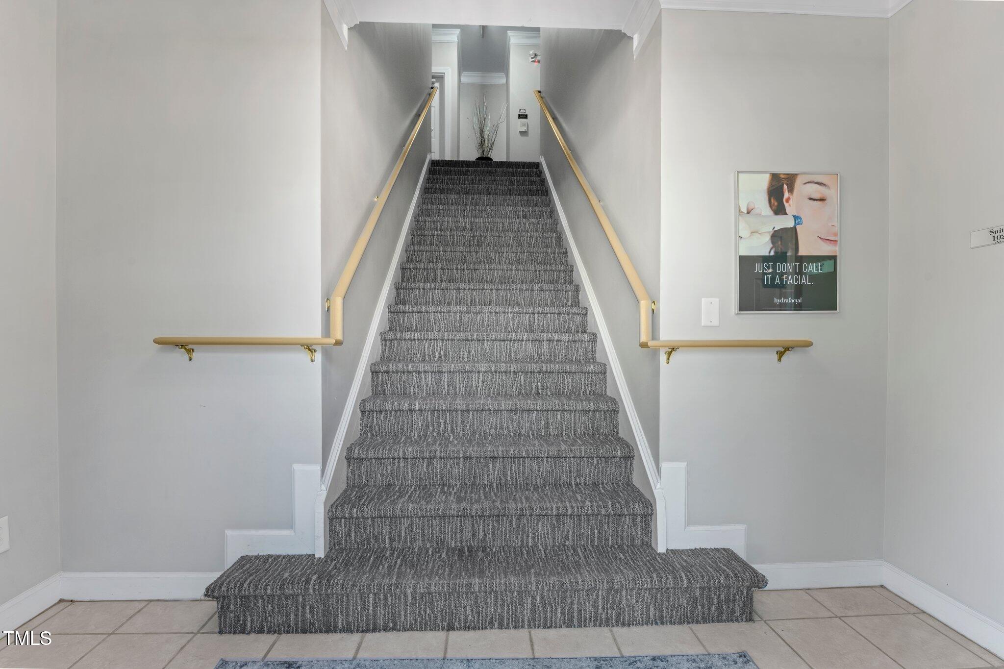 Carpeted interior staircase with brass-colored handrails and a Hydrafacial poster.