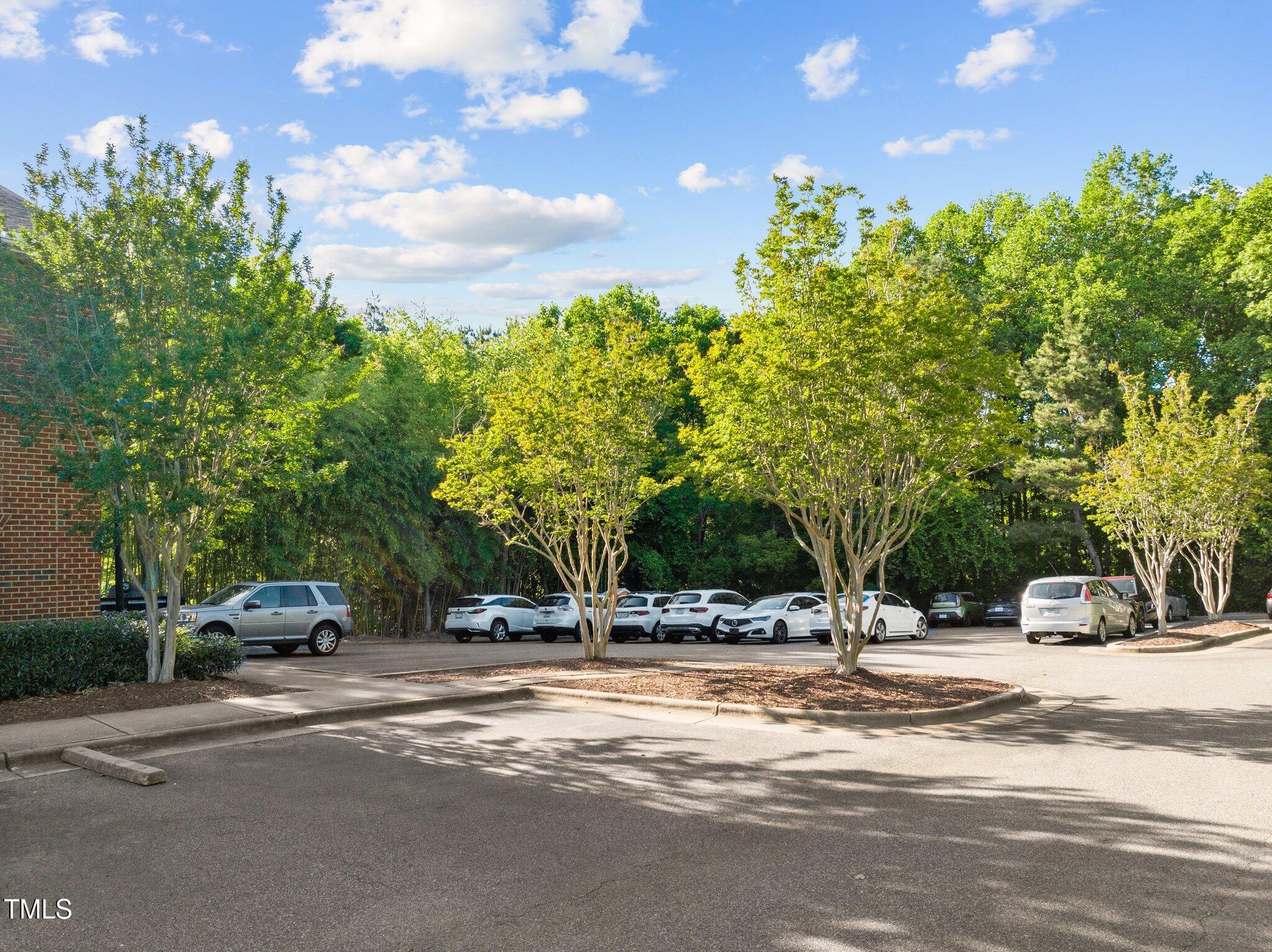 Tree-lined parking lot beside a brick building, with parked cars.
