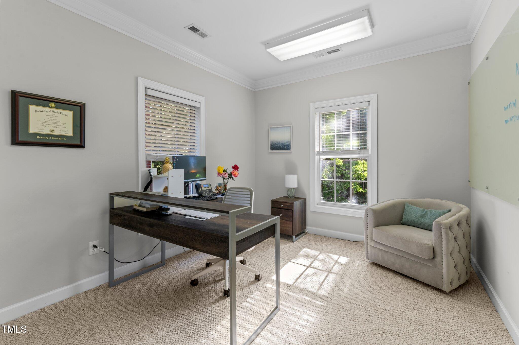 Furnished home office with a dark desk, computer, beige armchair, and sunlight across the carpet.