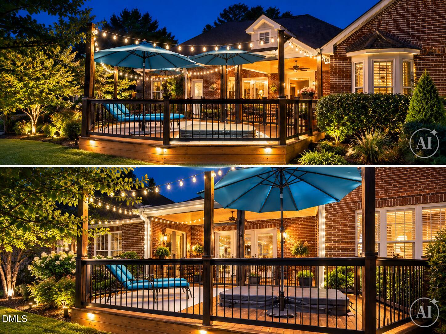 Brick home’s backyard deck at night with a hot tub, blue umbrellas, and glowing string lights.