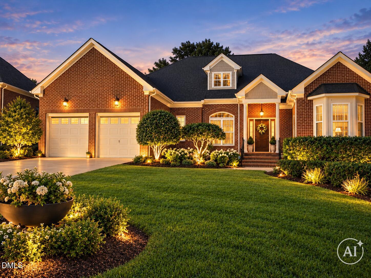 Brick home with a two-car garage and illuminated landscaping at dusk.