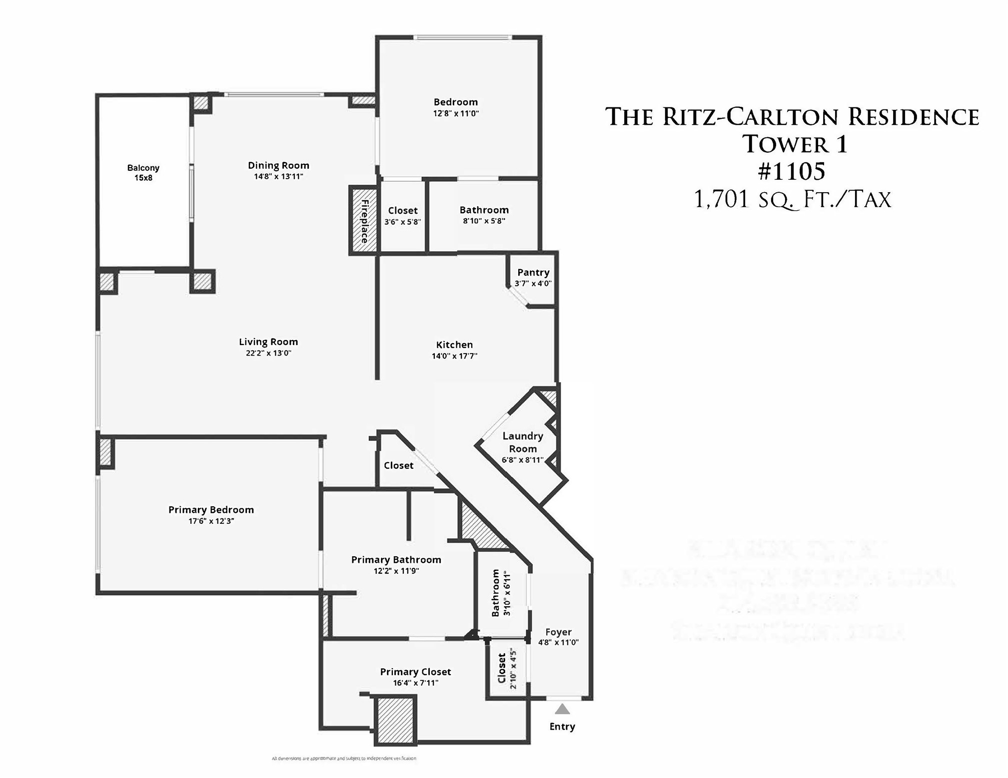 Floor plan for Ritz-Carlton Residence Tower 1 unit 1105, showing two bedrooms, balcony, kitchen, and room dimensions.