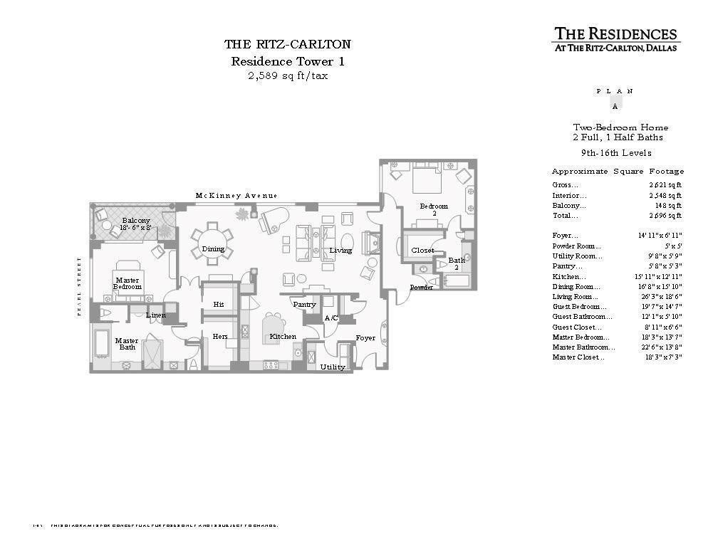 Plan A floor plan for a two-bedroom Ritz-Carlton residence, with a balcony and labeled room layout.