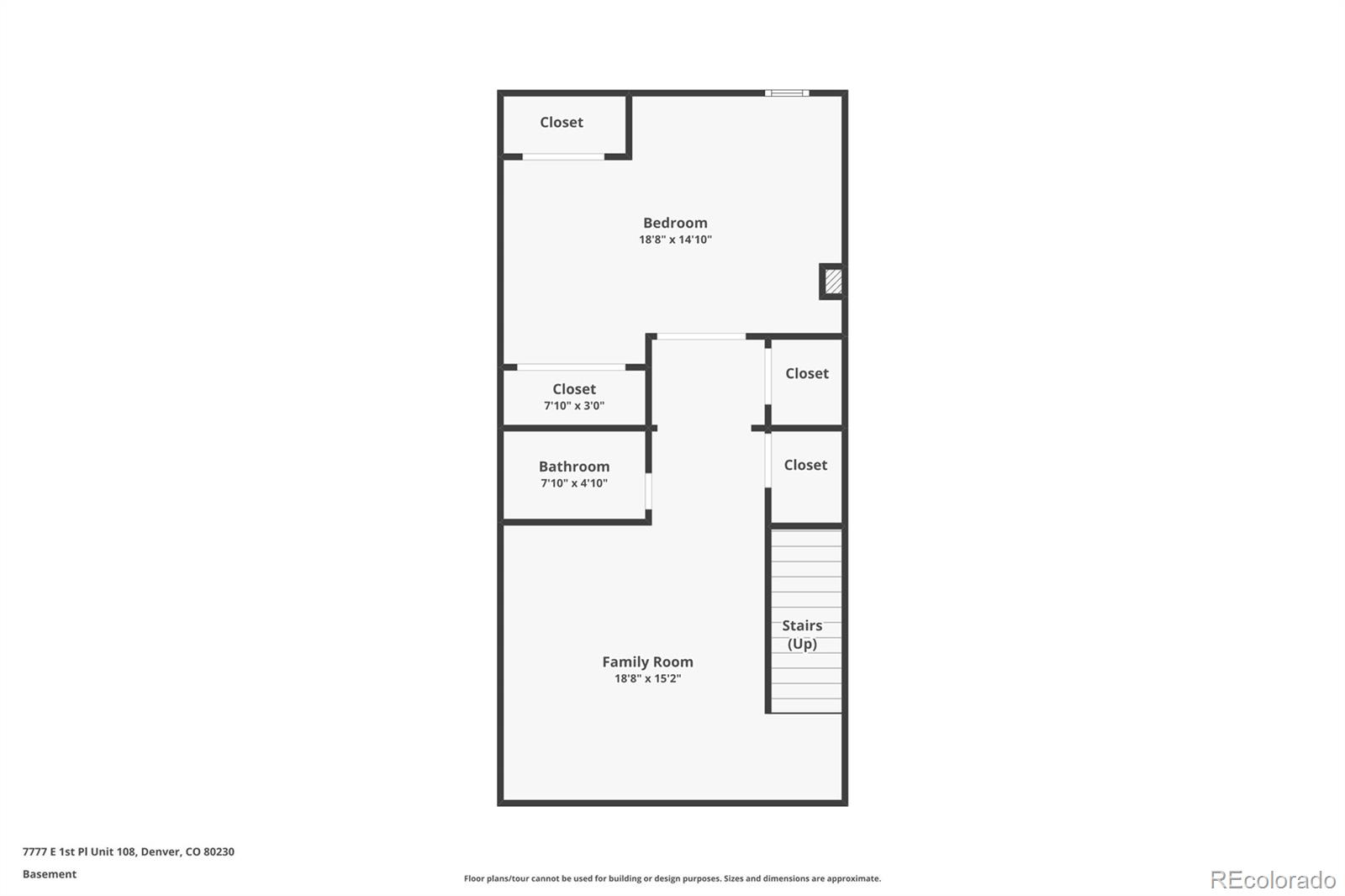 Basement floor plan showing a bedroom, family room, bathroom, closets, and stairs.