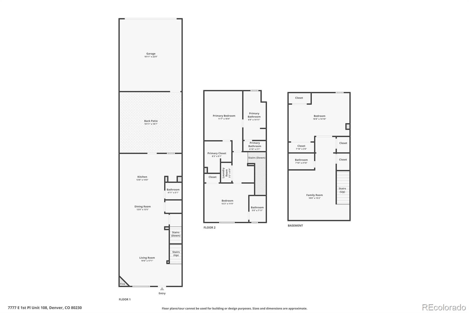 Three-level floor plan showing the home’s rooms, garage, back patio, and basement.