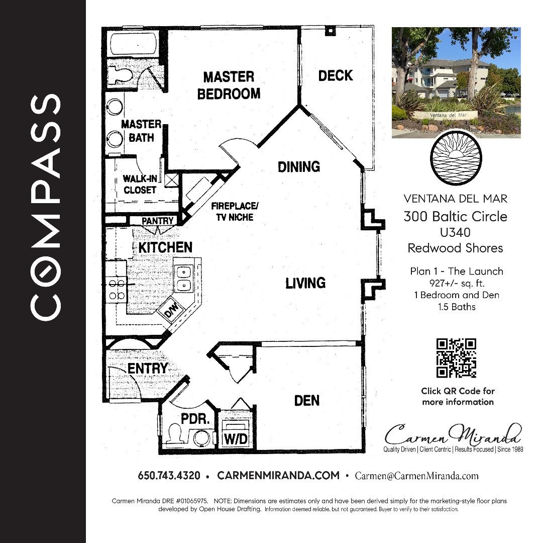 Floor plan for a one-bedroom-and-den Ventana del Mar unit, with a deck and 1.5 baths.