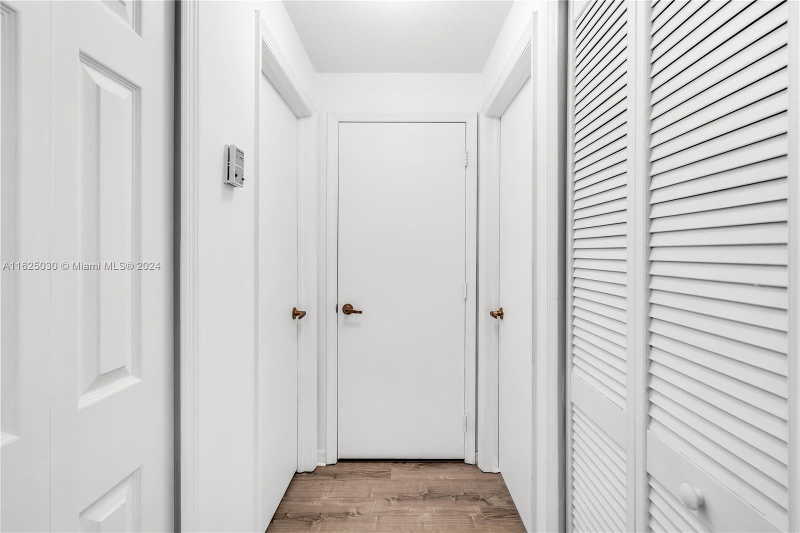 Bright hallway with white doors, louvered closet doors, and wood-look flooring.