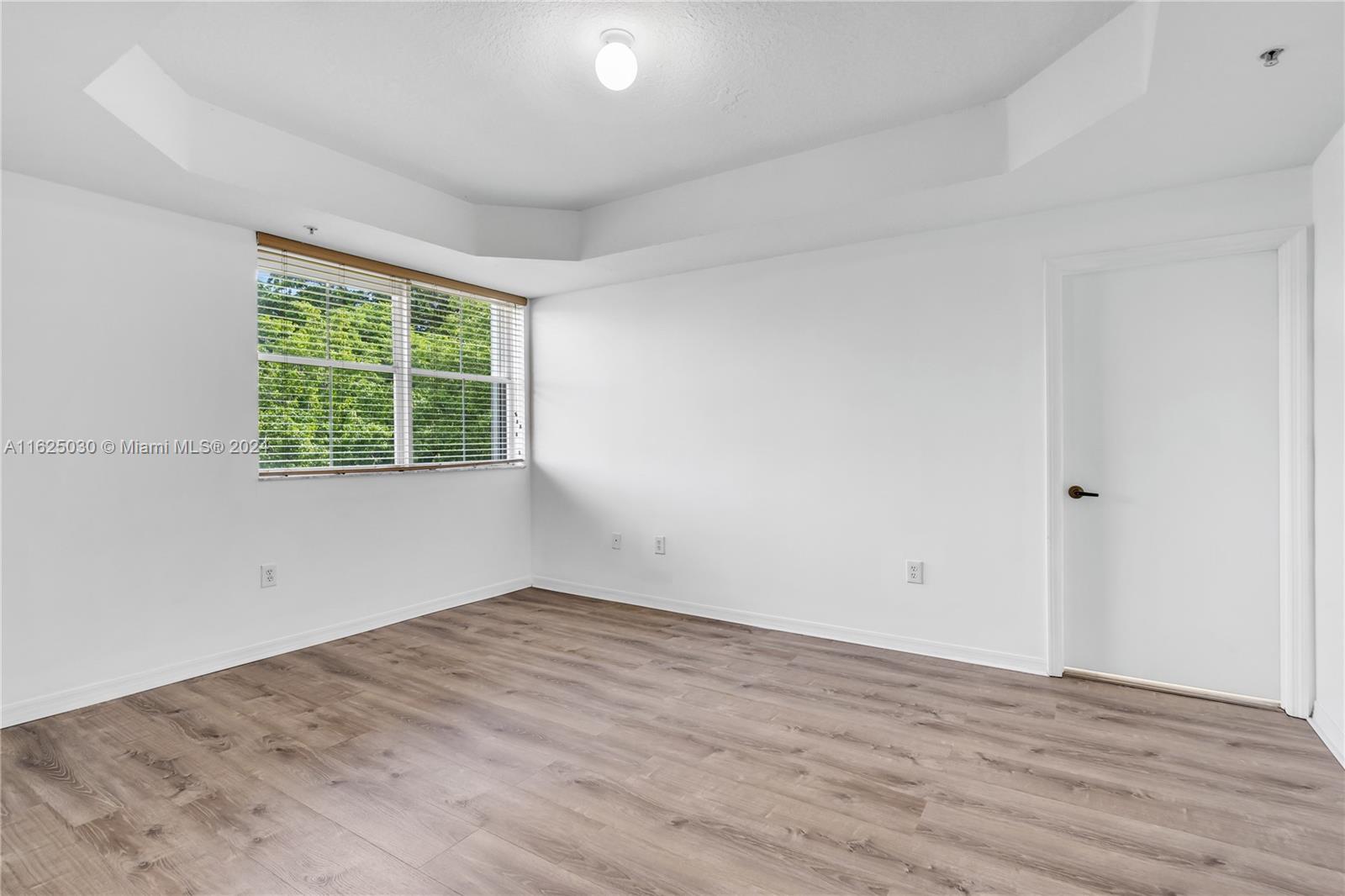 Empty room with gray wood-look flooring, a tray ceiling, and a window overlooking greenery.