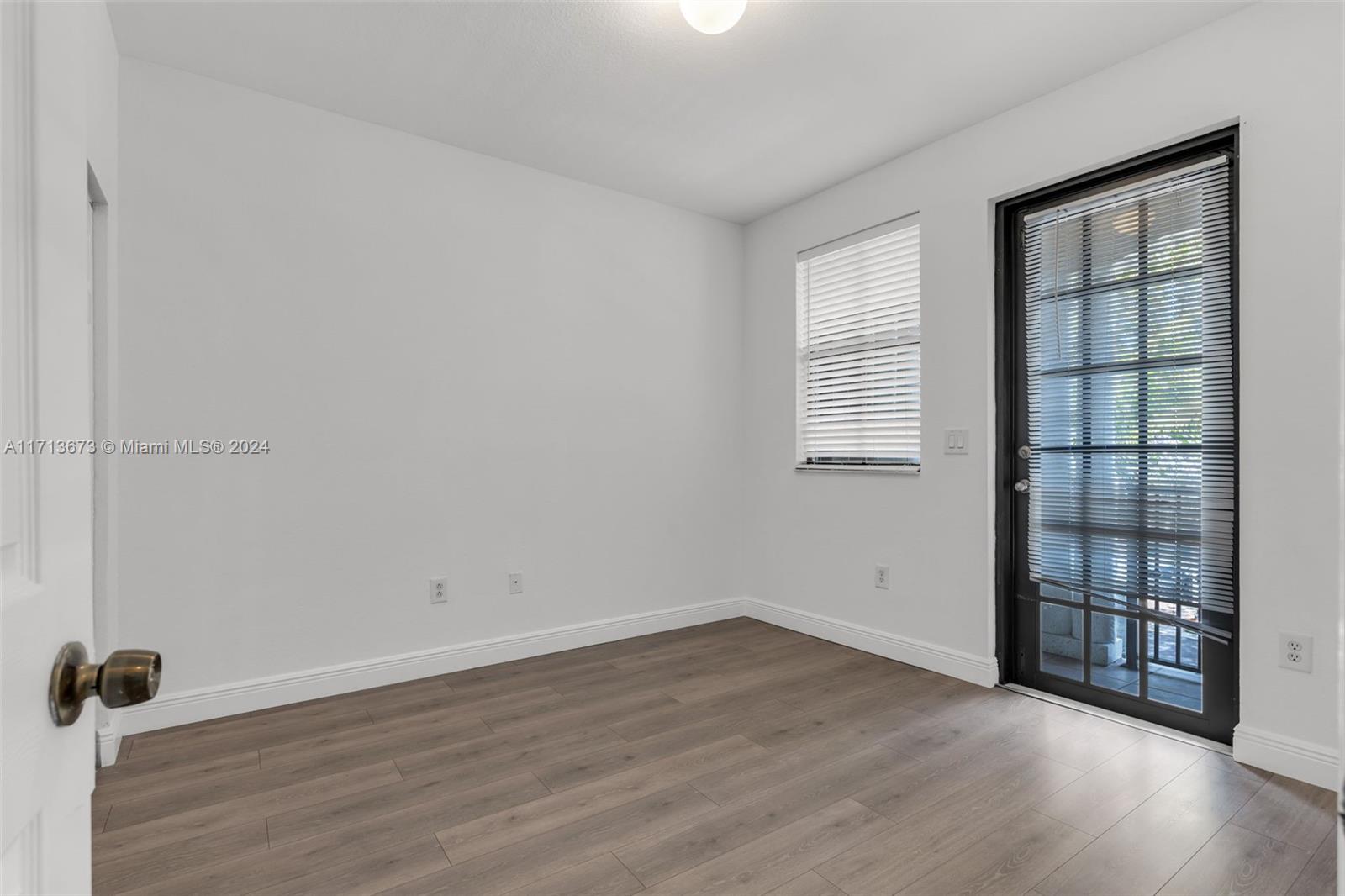 Empty room with plank flooring and a black-framed glass door with blinds.