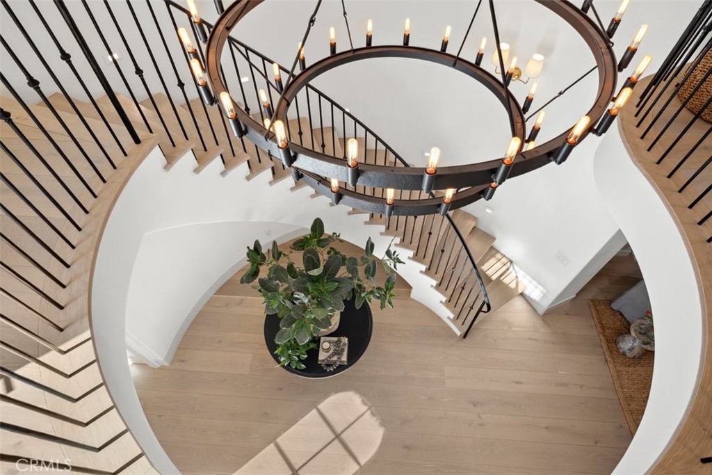 Circular staircase with pale wood steps, black railings, and a large chandelier above a plant-filled foyer.