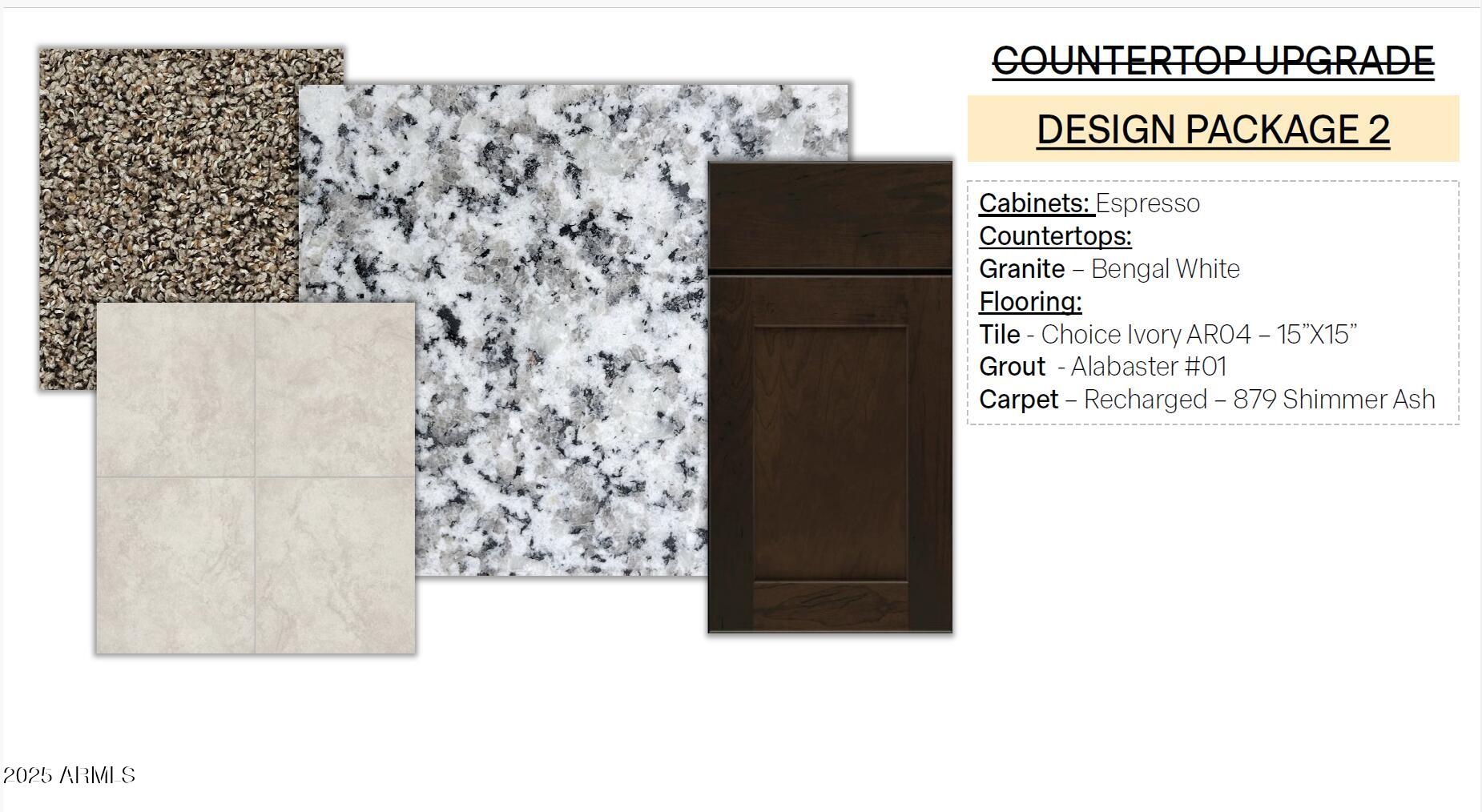 Design Package 2 material samples: espresso cabinets, Bengal White granite, ivory tile, and Shimmer Ash carpet.