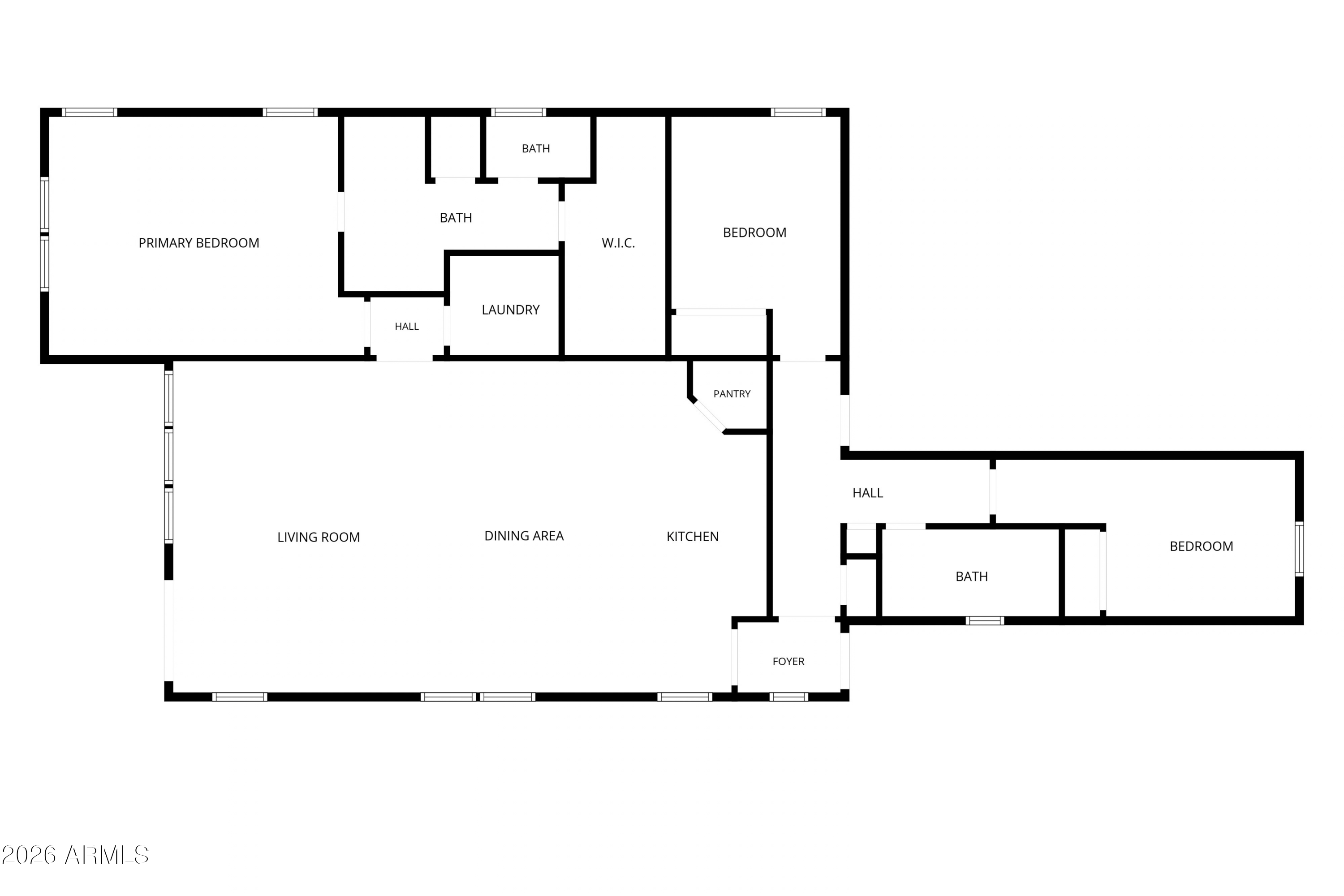 Floor plan showing three bedrooms, bathrooms, laundry, and an open living, dining, and kitchen area.