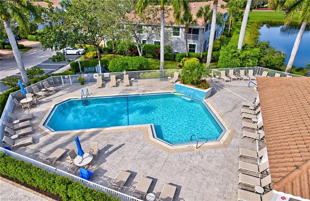 Community pool with a paved lounge deck, palm trees, and a lake nearby.