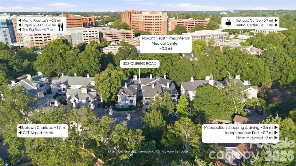 Aerial view of 308 Queens Road, surrounded by tree-lined homes with Charlotte buildings in the distance.