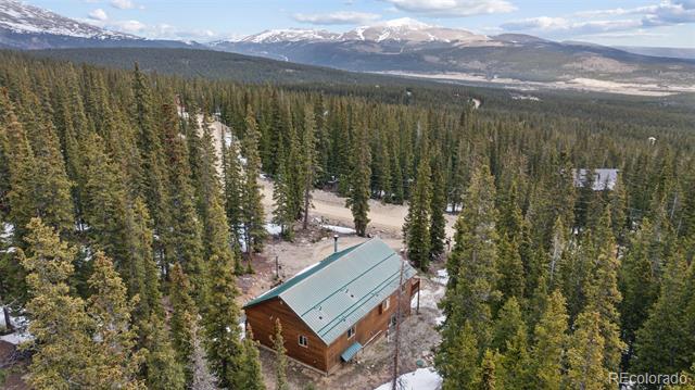 Aerial view of a log cabin among snowy pine forest, with mountains in the distance.