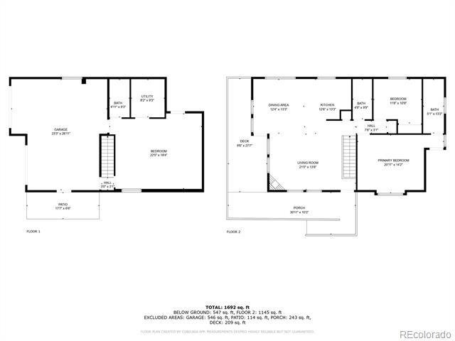 Two-level floor plan with labeled rooms, a garage, deck, porch, and patio.