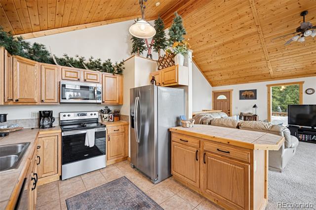 Kitchen with wood cabinets, stainless appliances, and a vaulted wood ceiling opening to the living area.