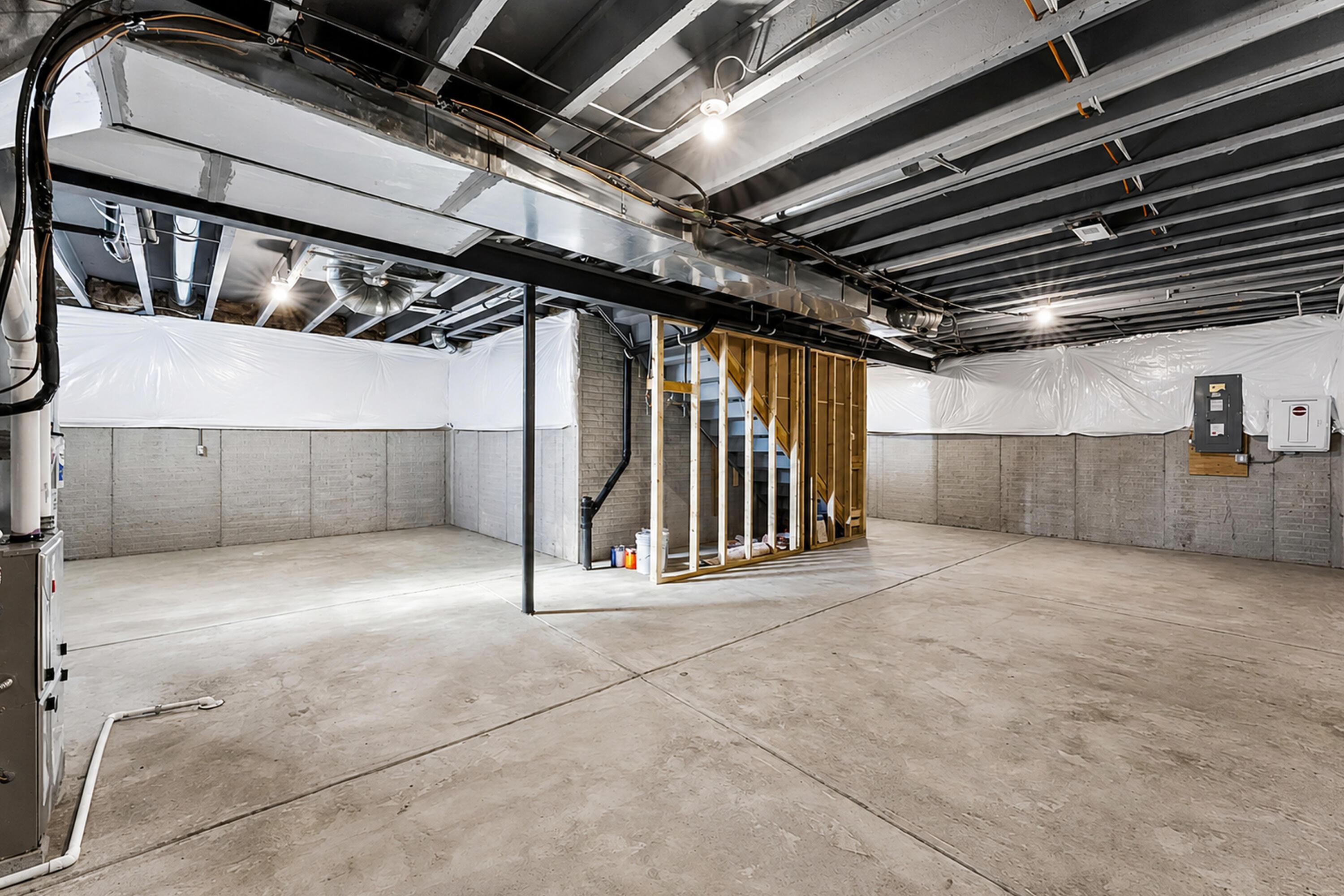 Unfinished basement with exposed ceiling joists, concrete floor, and a partially framed stairwell.