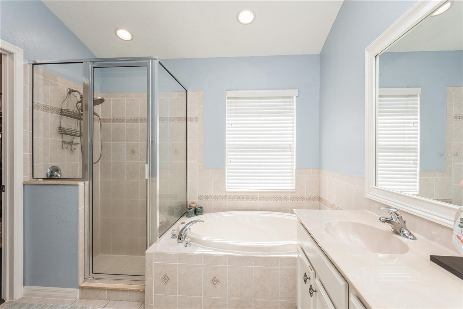 Bathroom with a glass shower, tiled soaking tub, and long vanity beside a window.