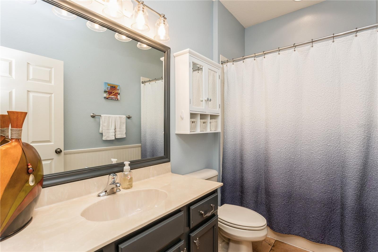 Bathroom with a dark vanity, large mirror, wall cabinet, and textured shower curtain.