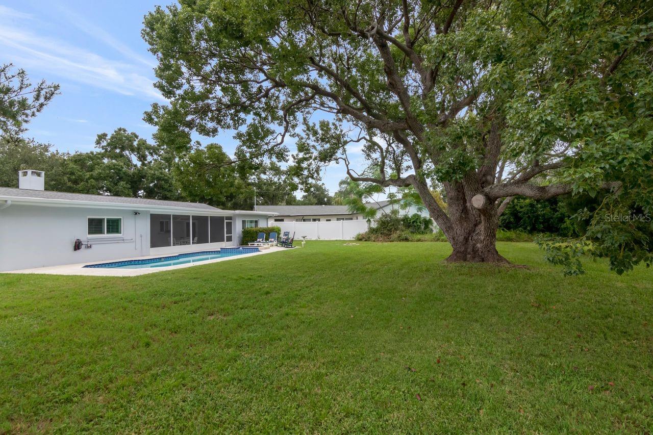 Single-story home with a backyard pool, screened patio, and large oak tree.