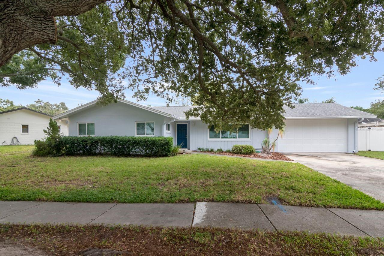 Single-story home with a blue front door and attached double garage beneath a large tree.
