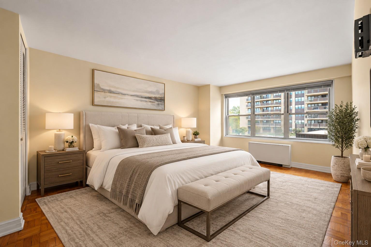 Staged bedroom with a large neutral bed, tufted bench, and wide window overlooking neighboring apartments.