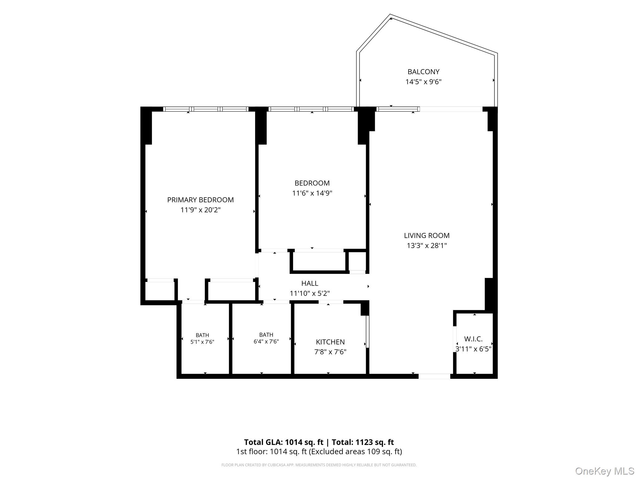 Two-bedroom apartment floor plan with two bathrooms, a long living room, and a balcony.