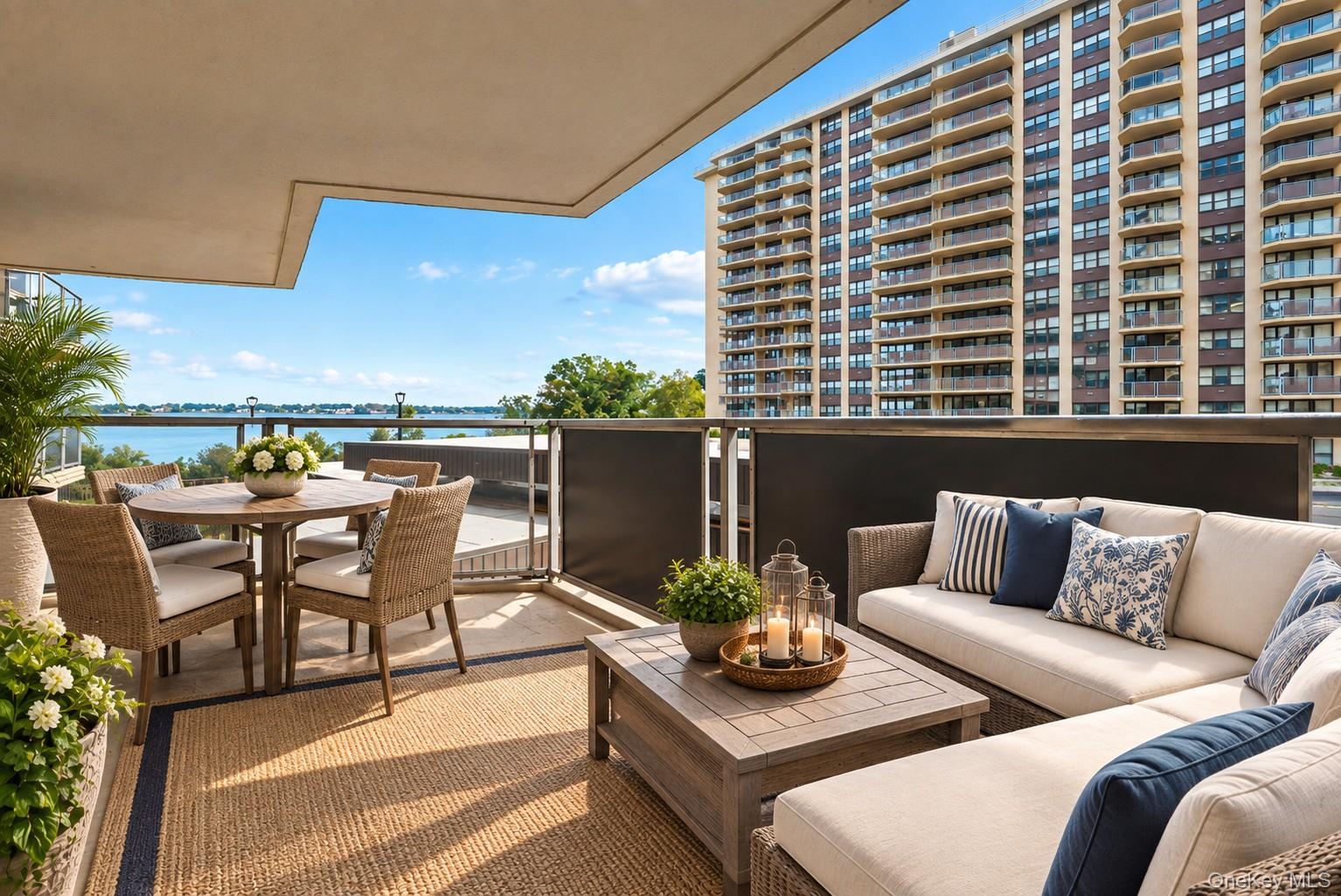 Furnished terrace with wicker seating and dining area overlooking the water and a high-rise building.